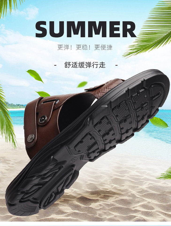 Dép sandal nam quai ngang mũi tròn, đế bằng mềm chống trượt, kiểu hở ngón đi biển và đi ngoài trời — Màu nâu, màu đen chi tiết 2