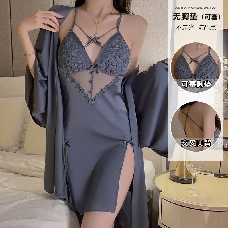 Ruoruo sexy backless slit Ice Silk strap nightdress pure bow pajamas robe home wear suit 2355