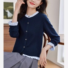 撞色假两件针织衫女2024春装新款气质减龄显瘦小个子短款开衫外套