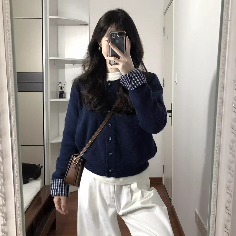 假两件藏蓝色软糯针织开衫春秋季新款韩系慵懒风毛衣外套女上衣|undefined