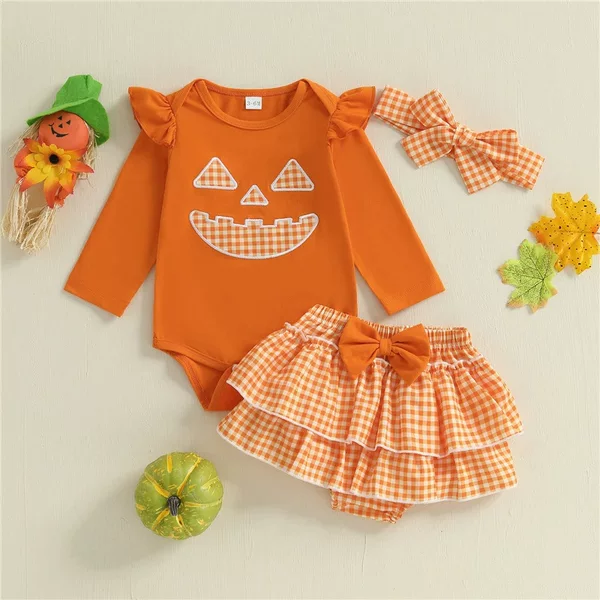 Foreign Trade Cute Baby Girl Toddler Pumpkin Face Patch Embroidered Long-Sleeved Robe + Plaid Culottes Headband Three-Piece Set