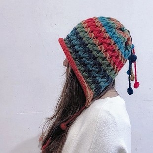 Imitation Handmade Crochet Colorful Woolen Hat for Women, Thickened for Warmth, Ear Protection, Knitted Hat with Water Ripple Pattern, Casual and Versatile