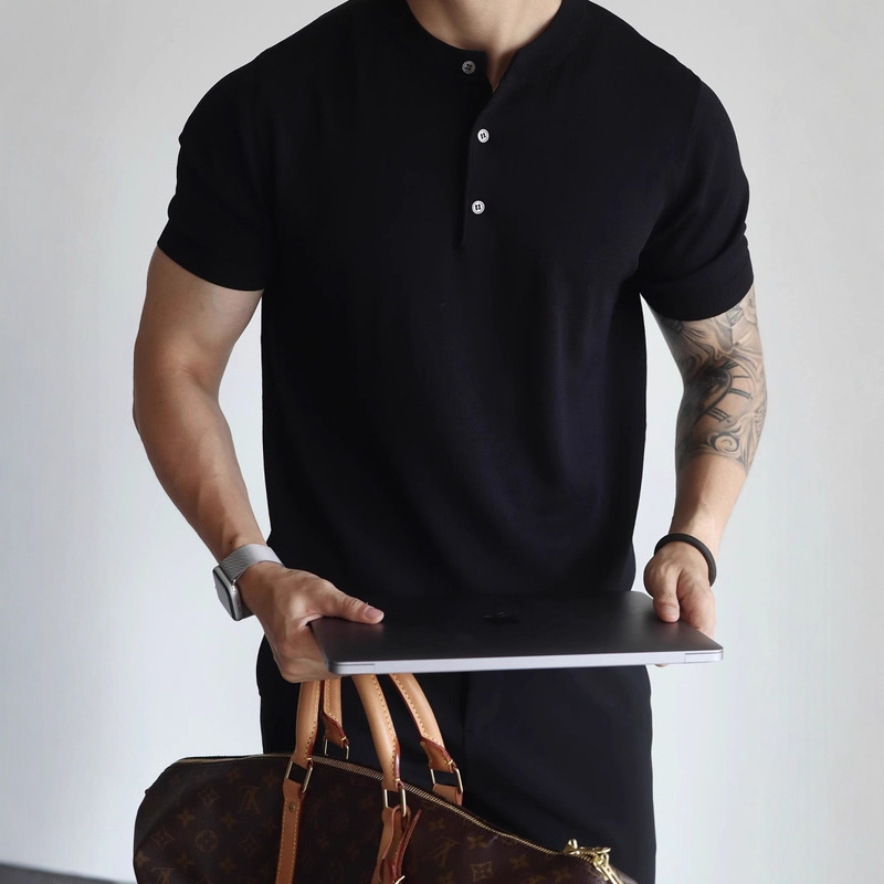 American-Style Henry Collar Solid Color Knitted Short-Sleeved T-Shirt for Men Spring and Summer New Retro Simple Casual Men's Top American-Style Henry Collar Solid Color Knitted Short-Sleeved T-Shirt for Men Spring and Summer New Retro Simple Casual Men's Top