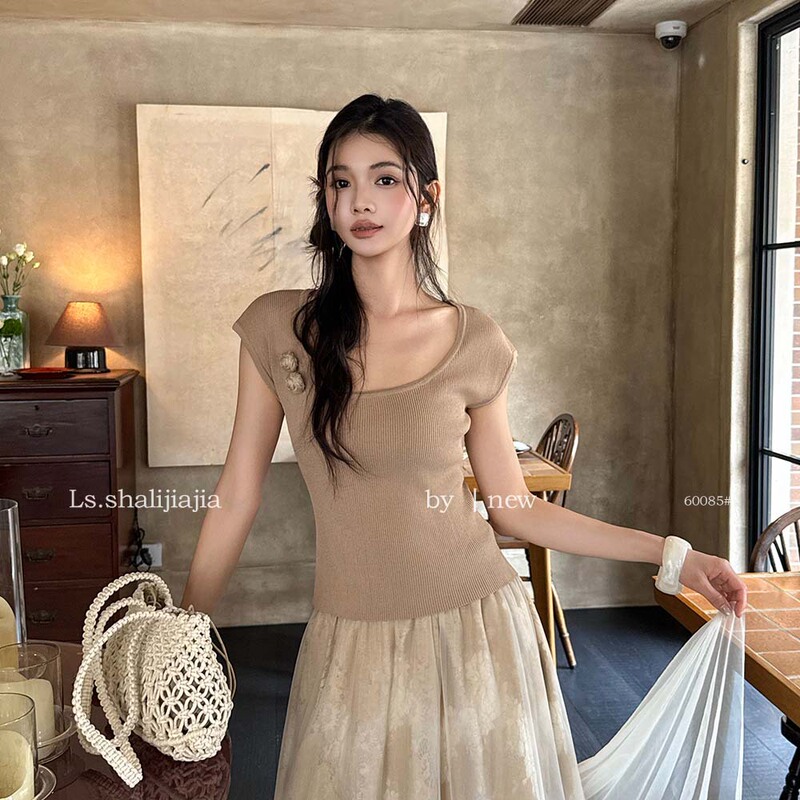 Ls Elegant and Youthful U-Neck Short-Sleeved Knitted Sweater for Women Guangzhou Shisanxing 2026 Summer New Style Top 60085 #