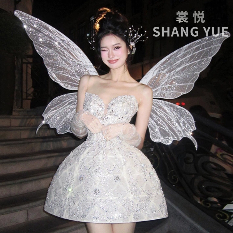 Fairy-Style Strapless Dress, Silver High-Waisted Cute Dress, Elegant Socialite Style Birthday Party Annual Meeting Dress