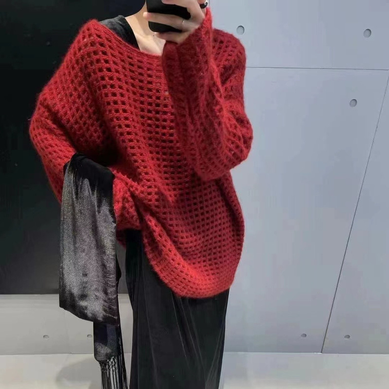 Clothing No. Homemade Angora Red One-character Collar Big Sweater Women's Lazy Loose Korean Solid Color Knitted Raccoon Fleece New