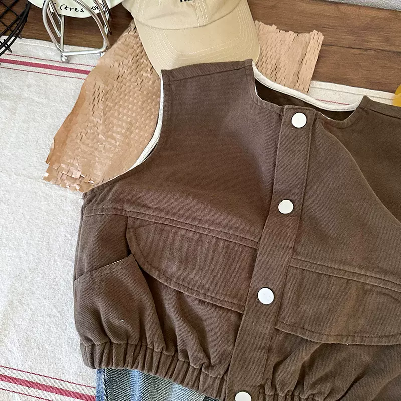 儿童韩版工装风马甲秋装2023新款洋气男童复古外套女宝宝百搭上衣