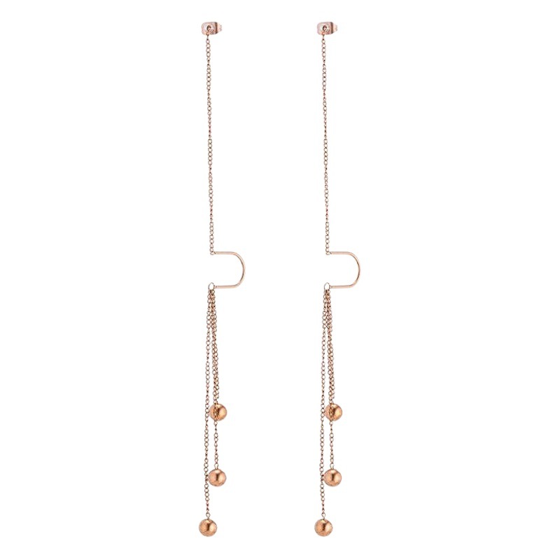 Pendientes de borla larga de acero de titanio con cuentas de transferencia de oro rosa para mujer, aretes populares en línea que no se desvanecen, joyería para la oreja.