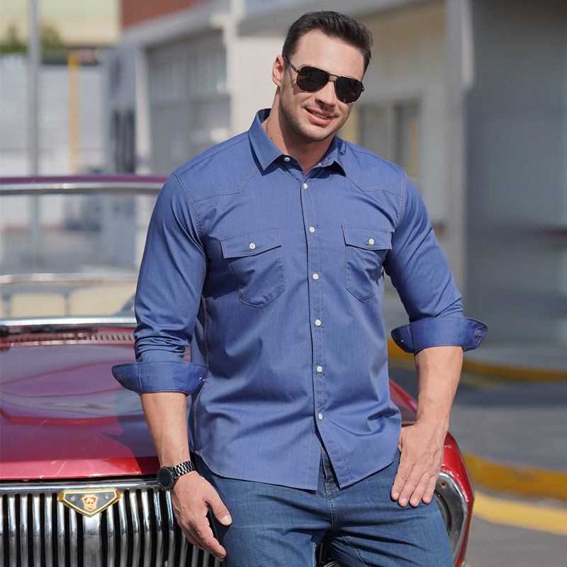 European American Cross-border Plus-size Men's Long-sleeve Denim Solid Color Casual Shirt, Loose Oversized,_voghion.com