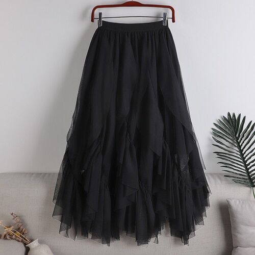 2024 Spring New Tulle Swing Dress for Plus Size Women, Medium Length, Asymmetrical Hemming and Splicing Tiered Skirt