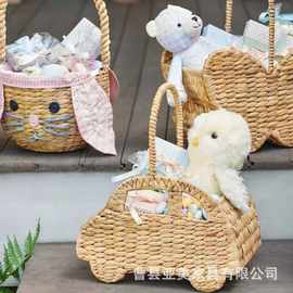 跨境水葫芦草编手提篮小汽车形户外野餐水果零食篮手提花篮玩具筐