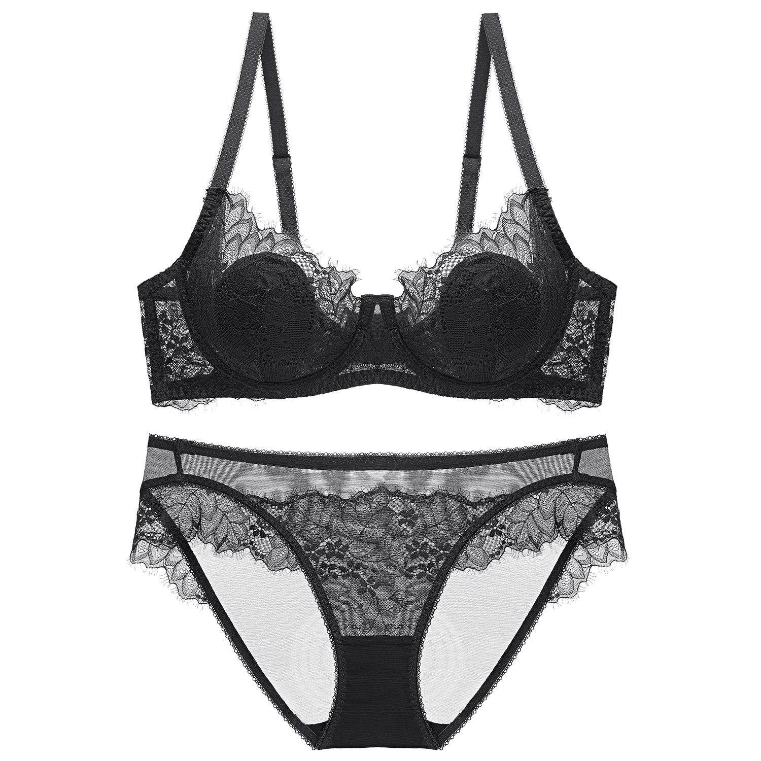 Biancheria intima di pizzo rosso trasparente ultrasottile Pure Desire, set di reggiseno con anelli in acciaio raccolti a coppa oversize per donna_voghion.com