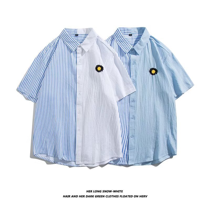 Summer Stitching Contrast Color Linen Short-sleeved Shirt Men's Thin Loose Breathable Youth Square Collar Cotton Linen Shirt Trendy