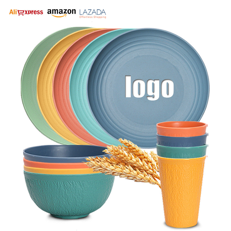 Amazon Foreign Trade Wheat Straw Tableware Dishes suit 8-person Household Rice Bowl Plate Water Cup 32-piece Set