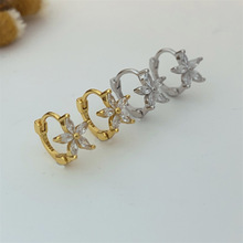 防过敏s925纯银耳环锆石花朵耳扣五瓣花 法式小众耳圈高级感耳环