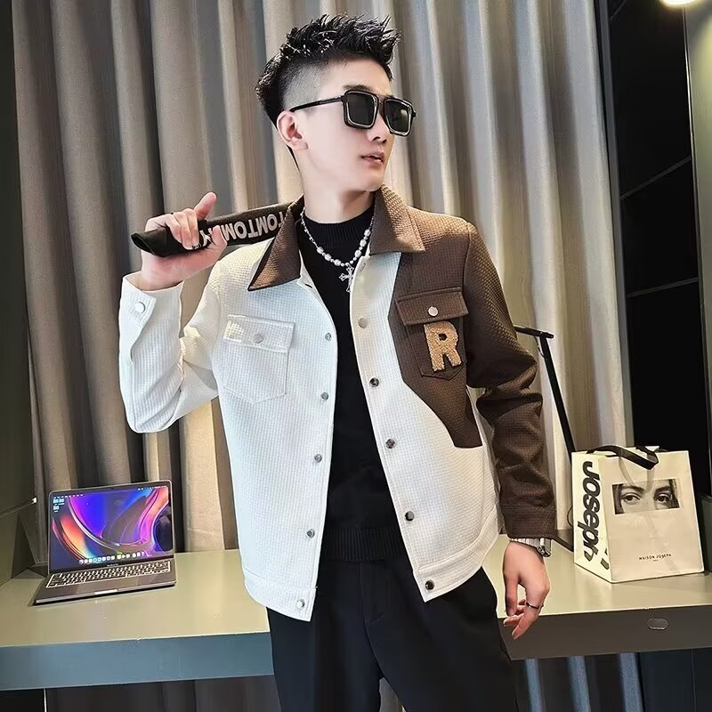 컬러 매칭 디자인 고급 지방 잘 생긴 재킷 코트 남성 가을 및 겨울 옷깃 캐주얼 올 매치 컬러 대비 남성 의류