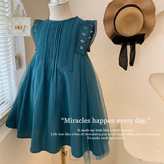 2023 Girls Summer Turquoise Mesh Splicing Large Skirt Sleeveless Lace Vest Dress Princess Dress Trendy