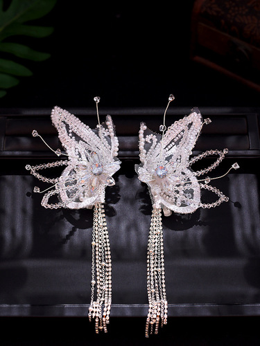 Crystal Butterfly Wings Lace Feather Tassel Hair Clip Bridal Accessory Fairy Beauty Headpiece Weddingress Hair Accessory