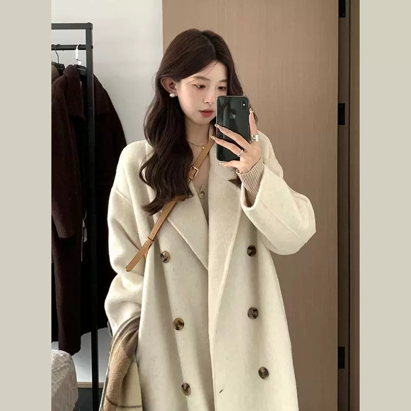 Шерстяное пальто женская средняя длинная маленькая модель 2025 новая весна и осень утолщение на плече шерстяное пальто