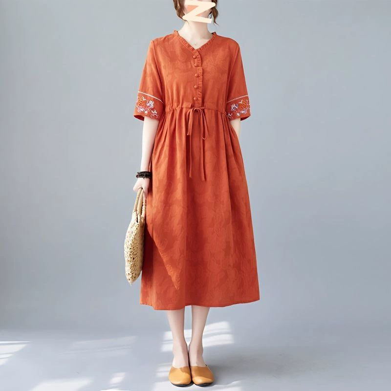 Летнее женское платье из хлопка и льна в этническом стиле, элегантное материнское платье с вышивкой на талии, свободный облегающий силуэт и элегантная льняная юбка.