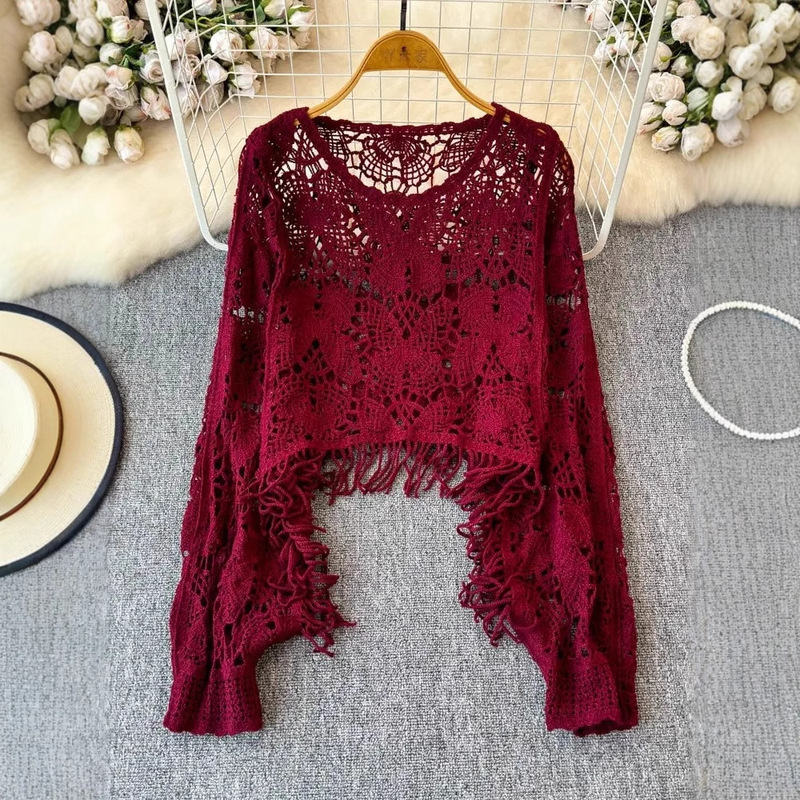 Hollow-out Long-sleeved Knitted Blouse Women's Early Autumn New French Style Design Tassel Top Niche Beautiful Sunscreen Shirt Hollow-out Long-sleeved Knitted Blouse Women's Early Autumn New French Style Design Tassel Top Niche Beautiful Sunscreen Shirt