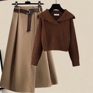 Navy collar retro Japanese lazy style sweater autumn 2024 short top with skirt two-piece set