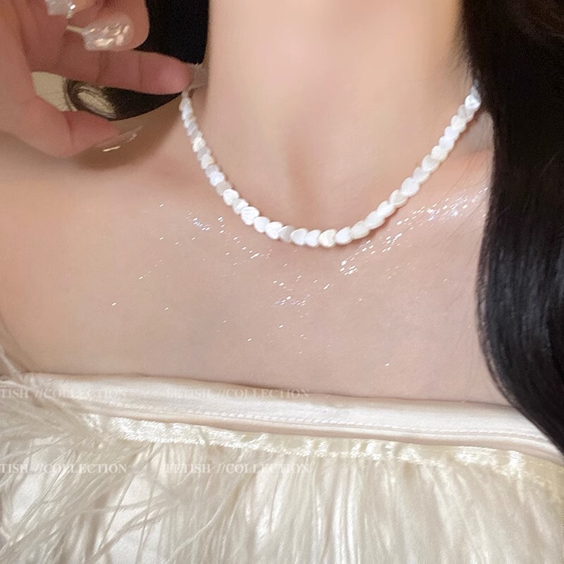 シンプルなデザイン感6mm淡水貝殻愛ネックレス女性ビーチリゾート風ファッション気質貝母鎖骨鎖|undefined