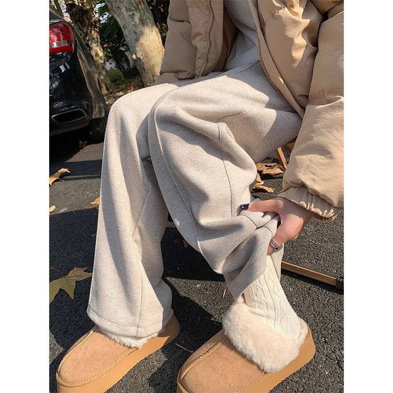 Pantalones de piernas anchas blancas de arroz de otoño y invierno de 2024 nuevos pantalones de cintura alta, pantalones casuales rectos estrechos y gruesos