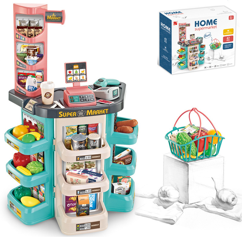 外国貿易児童シミュレーションスーパー販売台ショッピングカートの組み合わせセットはレジのままごとスーパーのおもちゃをスキャンする