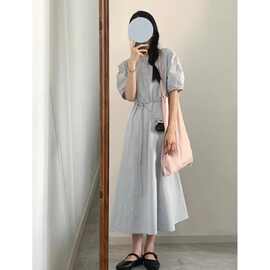 法式气质蓝色收腰连衣裙夏季新款显瘦系带长裙裙子图片色