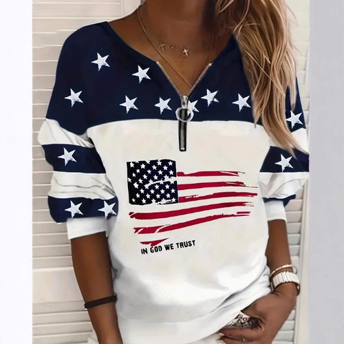 Independent Station European and American women's clothing spring and autumn trend casual national flag sweatshirt half zipper sweaters wholesale
