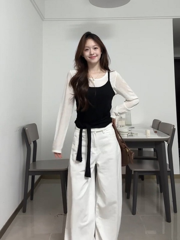 韩系ins风假两件长袖t恤女早秋季2025新款设计感温柔气质修身上衣|undefined