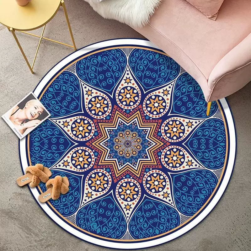 波西米亚圆形水晶绒地毯客厅卧室家用侘寂风花纹简约茶几地垫吊篮