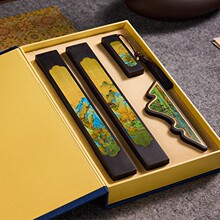 新中式紫光檀木黄铜镇纸尺千里江山图创意毛笔架铜笔搁送长辈镇尺