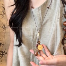 新中式国风长款松果吊坠项链小众时尚个性手工编织毛衣链可调节