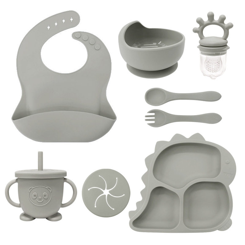 Alimentación infantil platos de dinosaurio set de platos de entrenamiento cucharas para bebés de silicona dibujos animados bajacos ventosa tazón