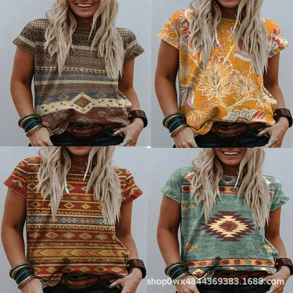 2023 AliExpress, свободная женская футболка в западном стиле с короткими рукавами и принтом, независимые станции, летняя городская Повседневная футболка с круглым вырезом