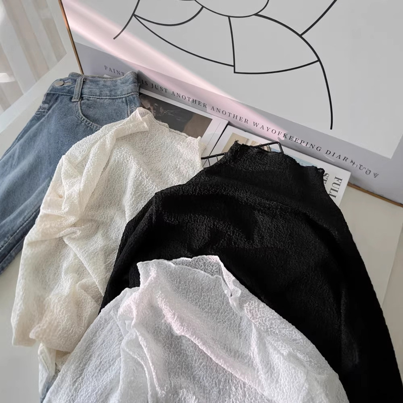Autumn New French Retro Sweet and Gentle Style Half-High Collar Slim Fit Lace Layered Base Shirt T-Shirt for Women 6467