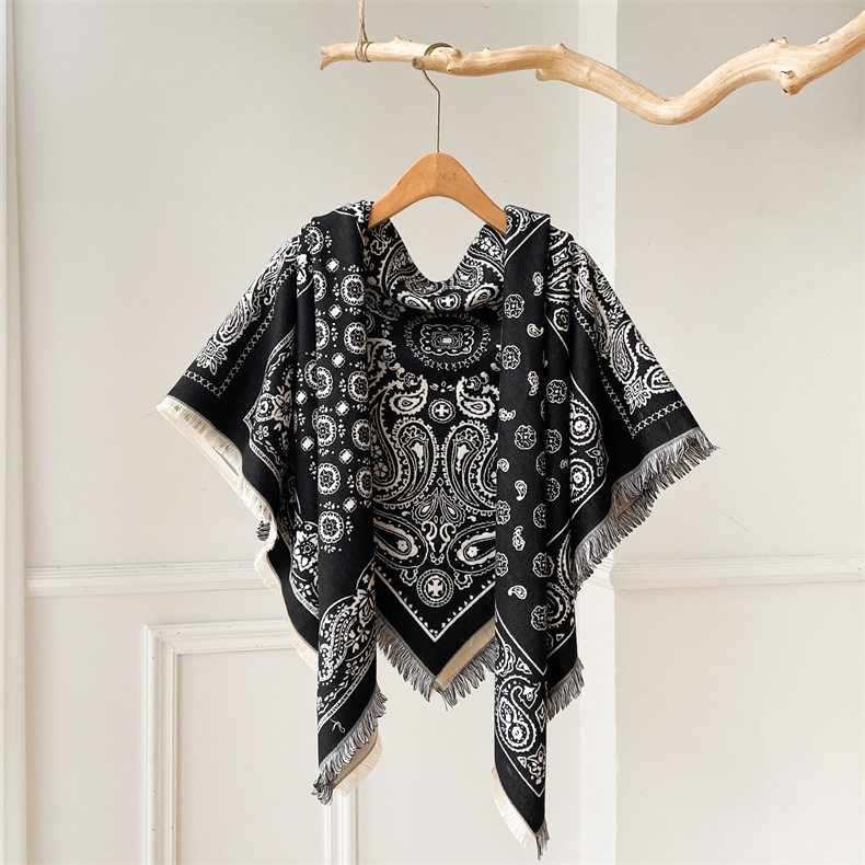 Predimenzionirani kašmirski kvadratni šal u etničkom stilu, ženski debeli šal s resicama, topli šal s cvijetom indijskih oraščića_voghion.com