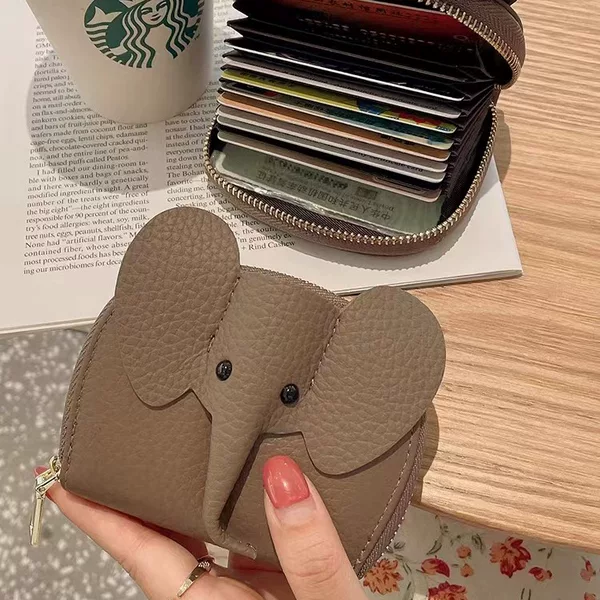 ins style creative elephant zipper coin purse first layer cowhide leather bag large capacity multi-card ID card holder