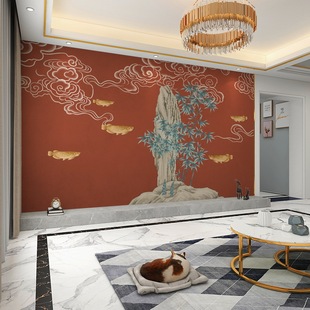 2025 New Model of "Year after Year of Abundance" Mural for Living Room Background Wall, Hand-Painted Golden Arowana, Vintage Red Bamboo Peace Wall Cloth