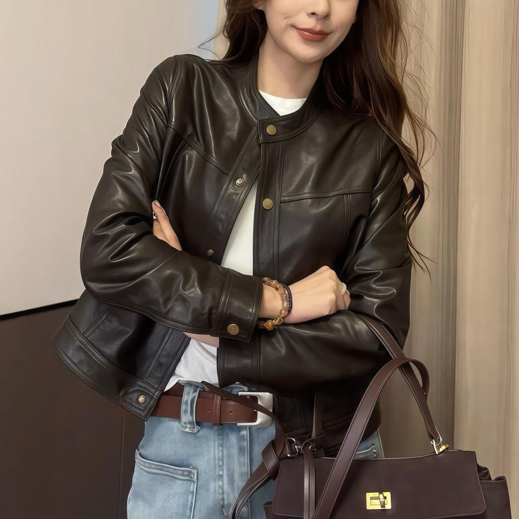 High-End Spring & Fall New Leather Jacket Women's Short Leather Jacket Top Motorcycle Jacket Black Retro Versatile Elegant