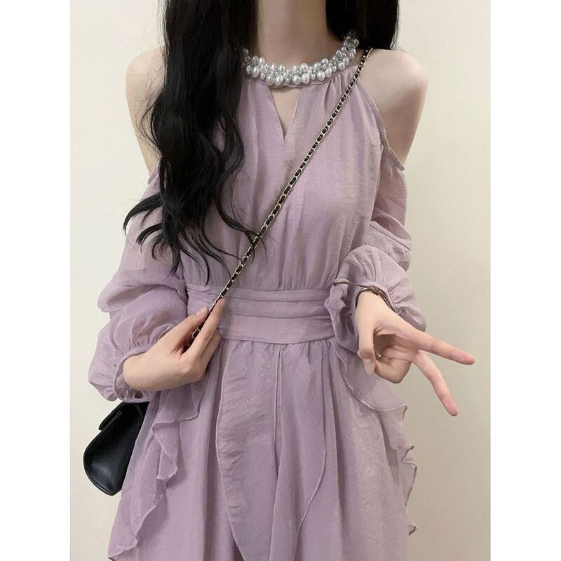 Purple Halterneck Dress 2025 New Summer Elegant Slim Off-Shoulder Royal Sister Style Ruffled French Mid-Length Skirt
