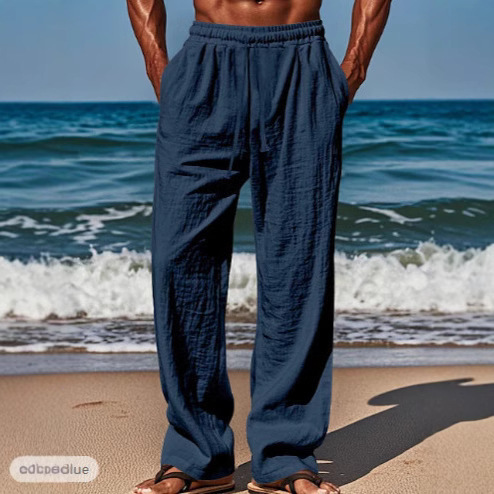 2025 Hawaii Summer Men's Casual Long Pants with Pouch Drawstring Elastic Waist and Plain Comfortable Breathable