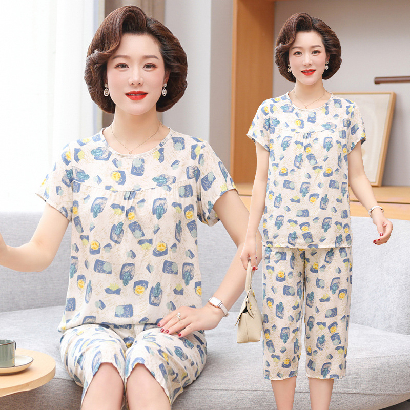 Women's cotton silk pajamas summer thin short-sleeved loose home wear for middle-aged and elderly mothers two-piece set plus size can be worn outside