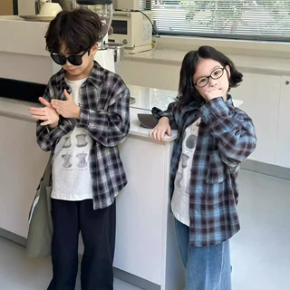定制格子衬衫2026秋款男童女童韩版绒感格子衬衣儿童休闲宽松上衣