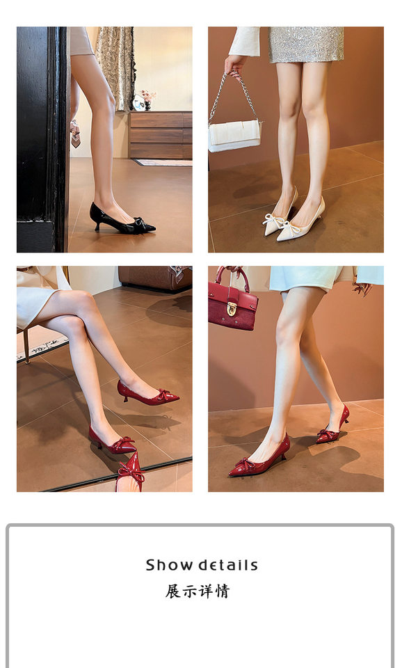 Giày cao gót nữ mũi nhọn gót thấp 3–6 cm thắt nơ, da bóng — Màu trắng be, Màu đen, Màu đỏ rượu chi tiết 2