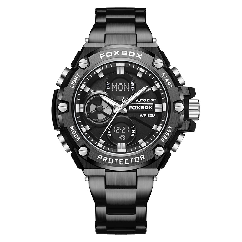 FOXBOX / clásico hombre doble pantalla multifunción reloj de despertador impermeable luz nocturna de moda reloj de pulsera de correa de acero