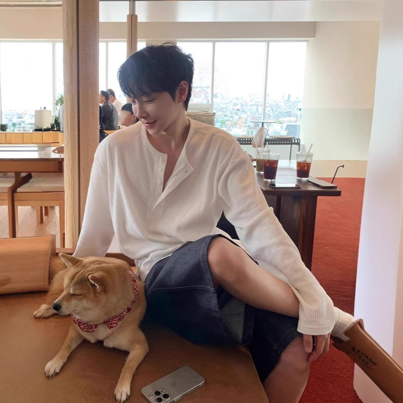 High-End Waffle Henley Collar Vertical Stripesd Long-Sleeved T-Shirt for Men in Spring and Autum Korean Style Casual Loose Pure Color Short Shirt