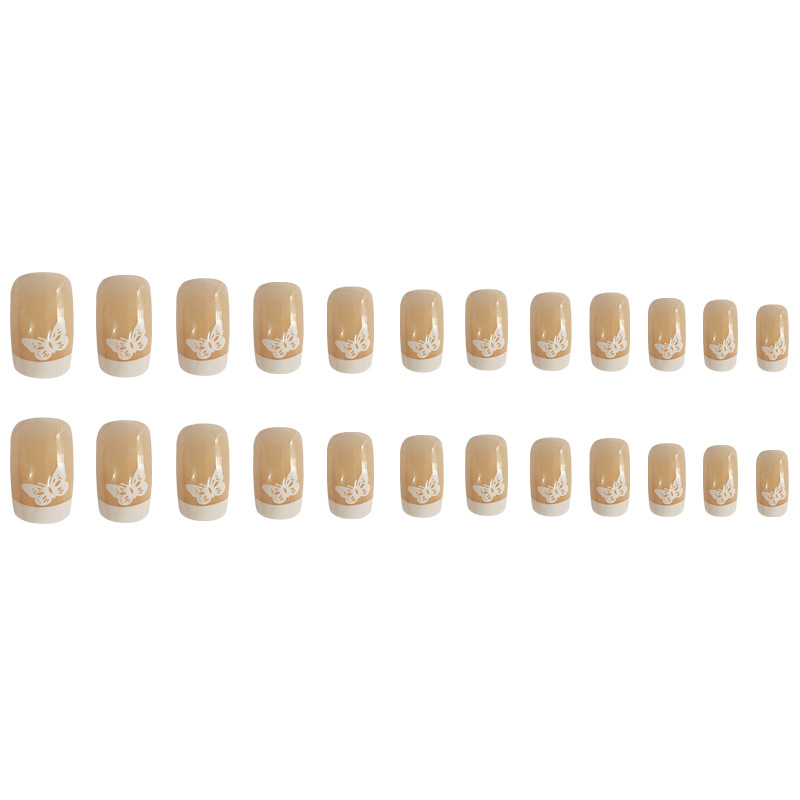 Polvo desnudo punto de perforación mariposa para usar uñas de borde blanco largo estilo francés fresco y elegante 24 piezas de parche de uñas terminadas